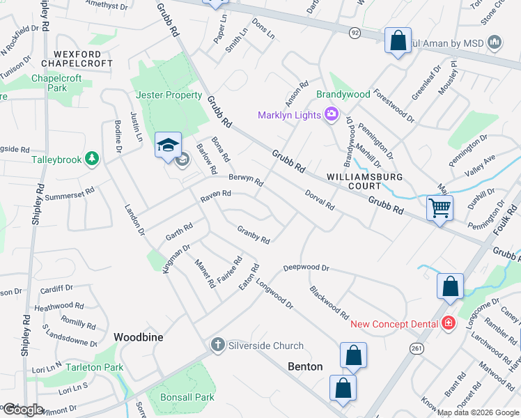 map of restaurants, bars, coffee shops, grocery stores, and more near 2410 Raven Road in Wilmington