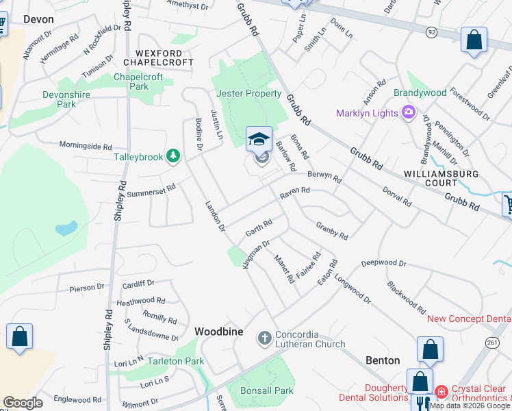 map of restaurants, bars, coffee shops, grocery stores, and more near 2530 Berwyn Road in Wilmington