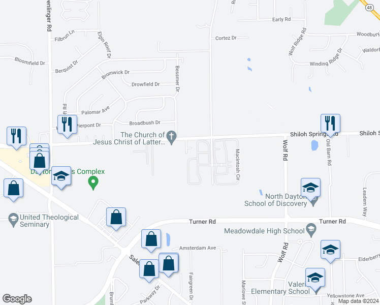 map of restaurants, bars, coffee shops, grocery stores, and more near 1443 Shagbark Court in Trotwood