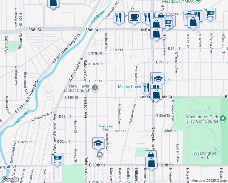 map of restaurants, bars, coffee shops, grocery stores, and more near 3428 Kinnear Avenue in Indianapolis