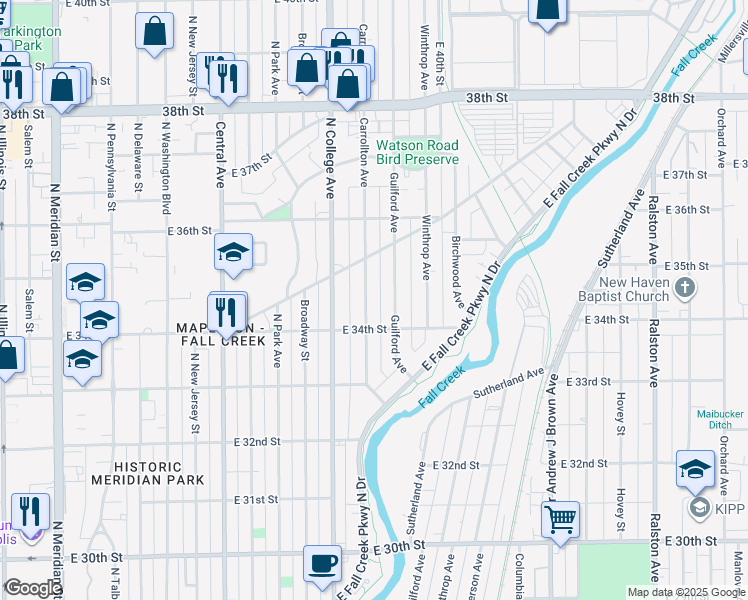 map of restaurants, bars, coffee shops, grocery stores, and more near 3443 Carrollton Avenue in Indianapolis