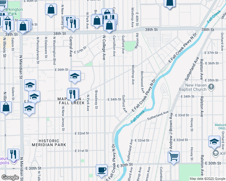 map of restaurants, bars, coffee shops, grocery stores, and more near 3443 Carrollton Avenue in Indianapolis