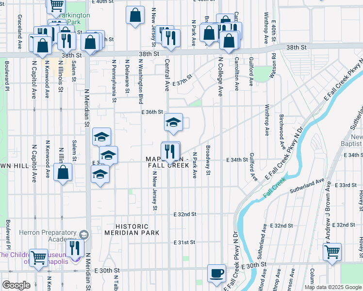 map of restaurants, bars, coffee shops, grocery stores, and more near 3433 Central Avenue in Indianapolis