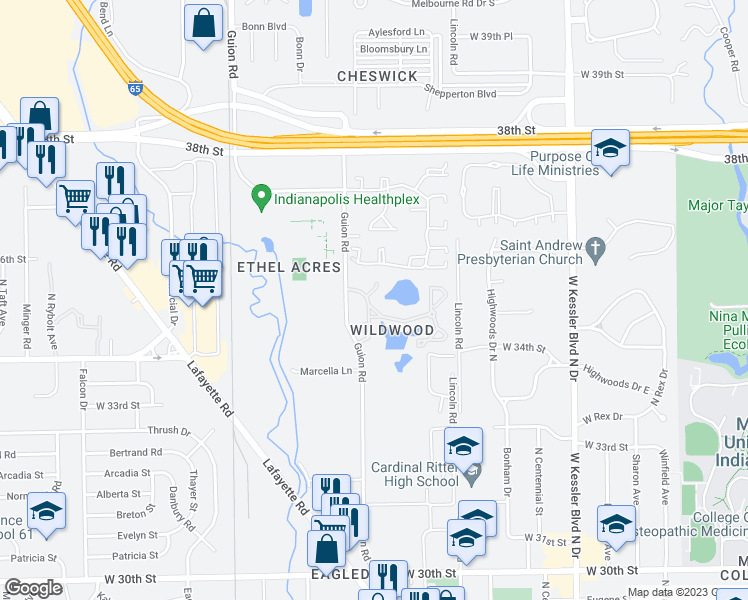 map of restaurants, bars, coffee shops, grocery stores, and more near 19 Timbersedge Drive in Indianapolis