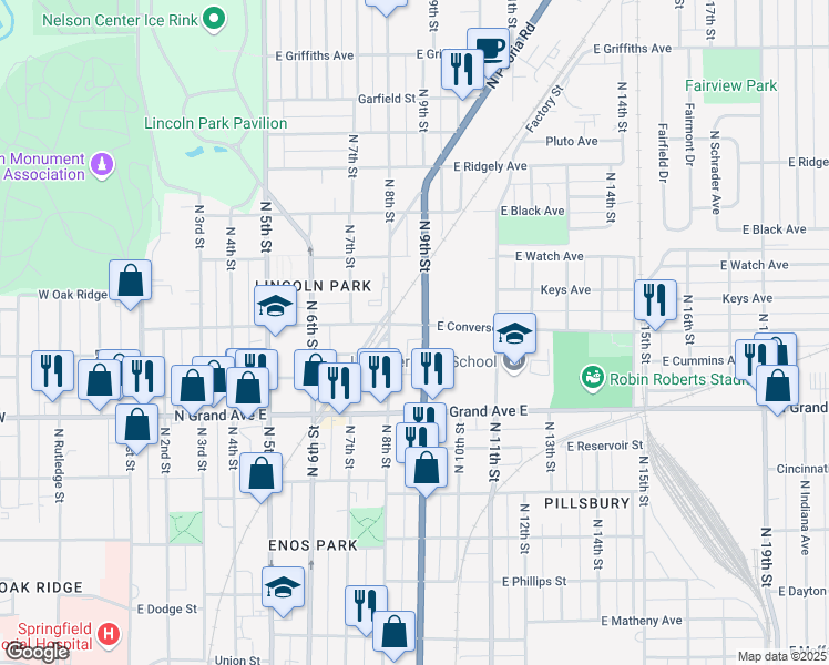 map of restaurants, bars, coffee shops, grocery stores, and more near 901 East Converse Street in Springfield