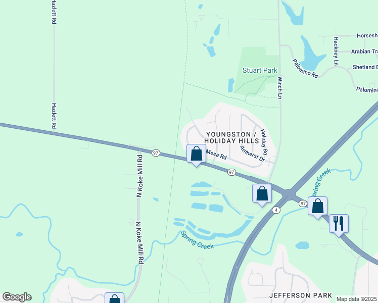 map of restaurants, bars, coffee shops, grocery stores, and more near 85 Mesa Road in Springfield