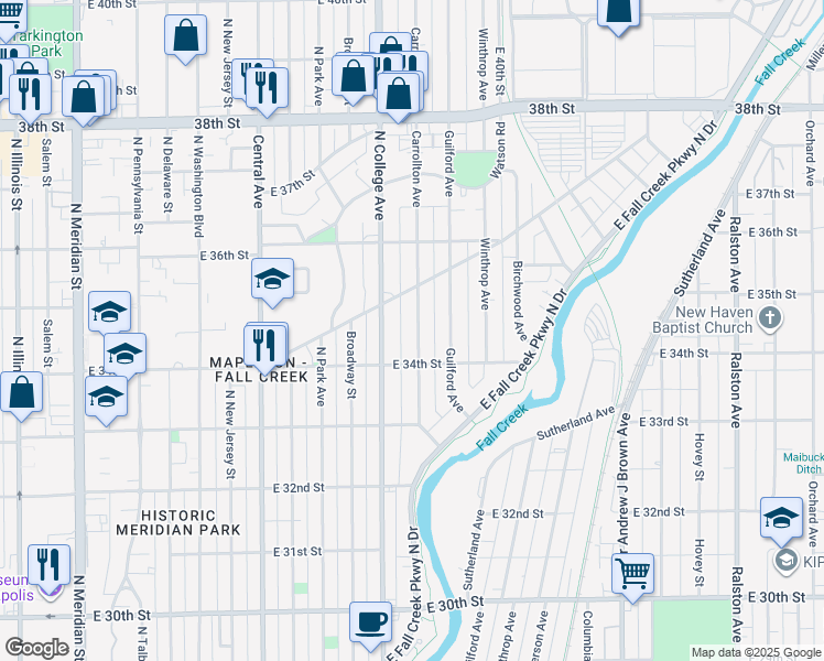 map of restaurants, bars, coffee shops, grocery stores, and more near 3443 Carrollton Avenue in Indianapolis
