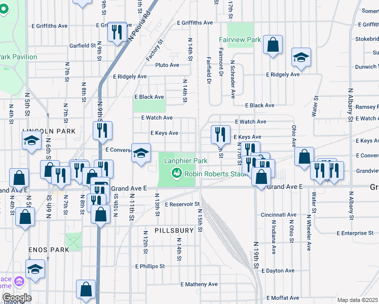 map of restaurants, bars, coffee shops, grocery stores, and more near 1417 East Converse Street in Springfield
