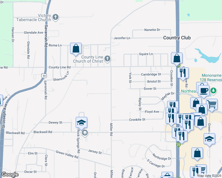 map of restaurants, bars, coffee shops, grocery stores, and more near 5758 Miller Road in Saint Joseph