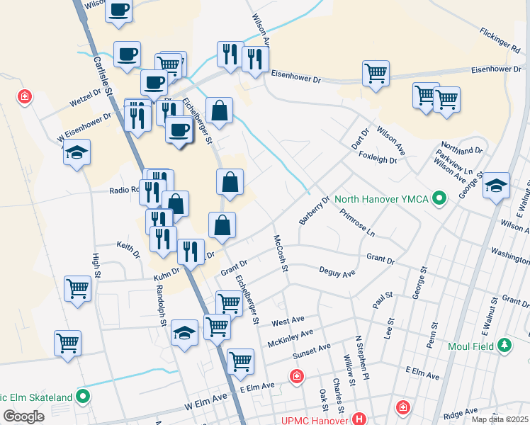 map of restaurants, bars, coffee shops, grocery stores, and more near 1010 Stonecroft Drive in Hanover