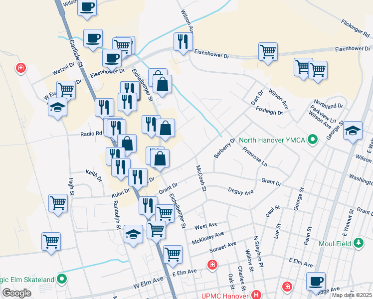 map of restaurants, bars, coffee shops, grocery stores, and more near 1010 Stonecroft Drive in Hanover