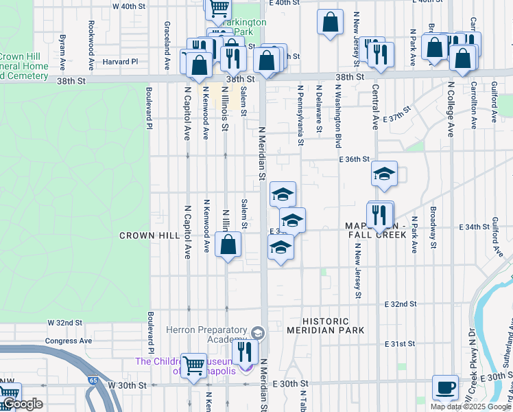 map of restaurants, bars, coffee shops, grocery stores, and more near 3450 North Meridian Street in Indianapolis