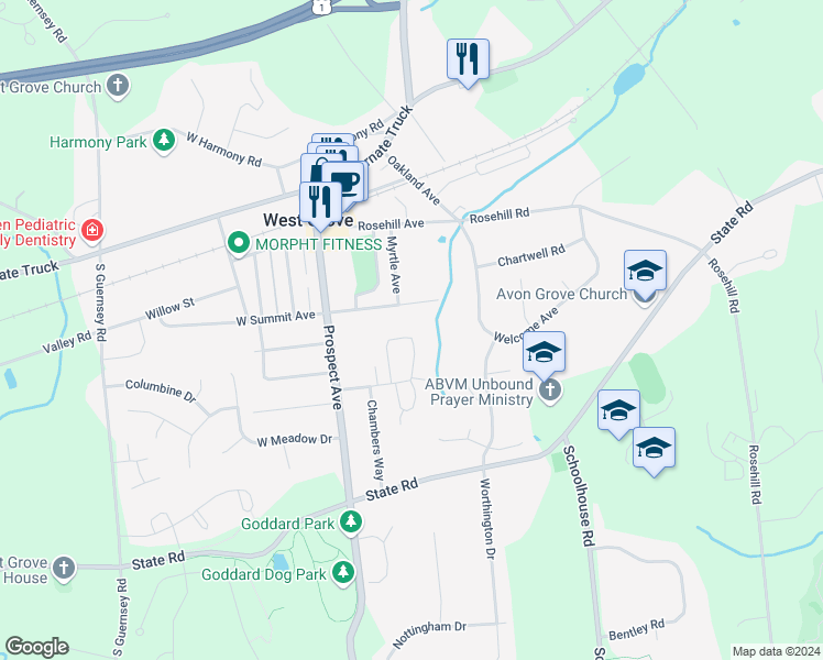 map of restaurants, bars, coffee shops, grocery stores, and more near 32 Townview Drive in West Grove