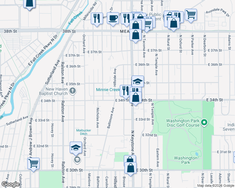 map of restaurants, bars, coffee shops, grocery stores, and more near 3421 Hillside Avenue in Indianapolis