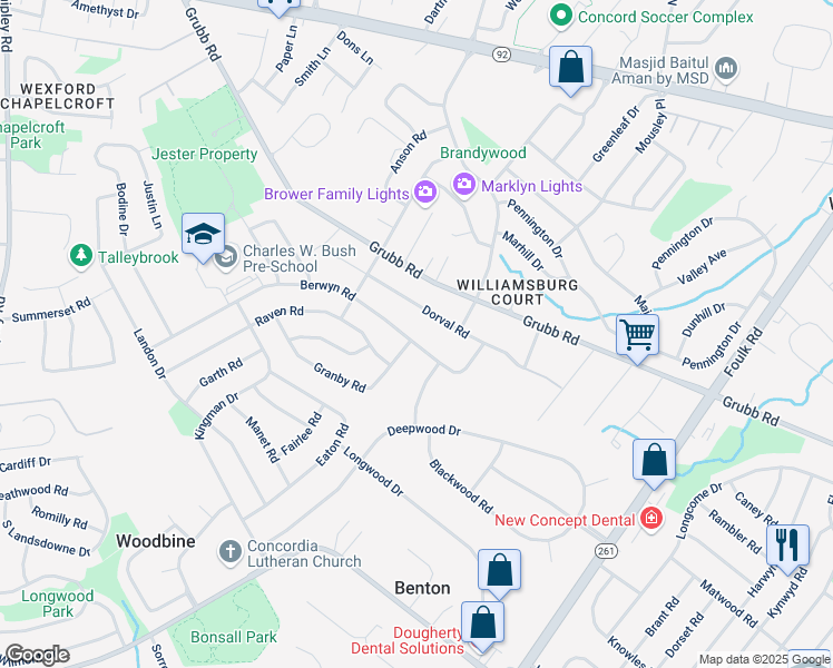 map of restaurants, bars, coffee shops, grocery stores, and more near 2401 Berwyn Road in Wilmington