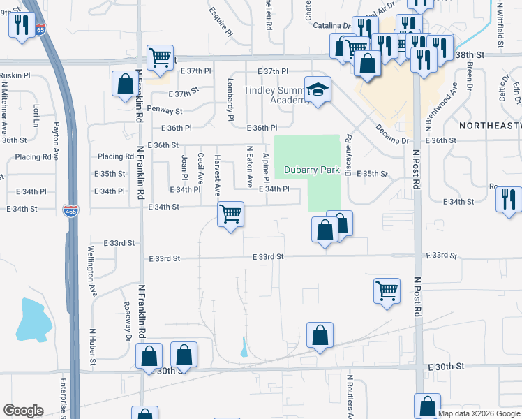 map of restaurants, bars, coffee shops, grocery stores, and more near 3401 Alpine Place in Indianapolis