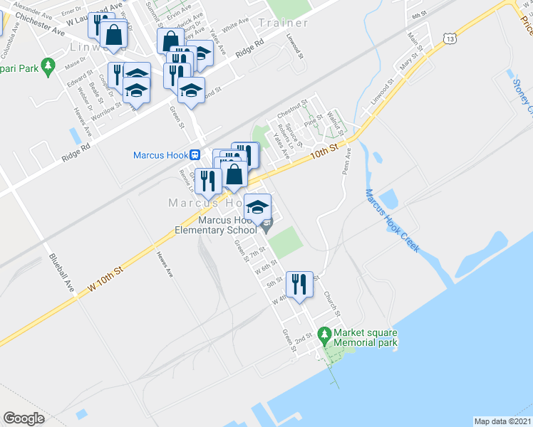 map of restaurants, bars, coffee shops, grocery stores, and more near 9 East 9th Street in Marcus Hook