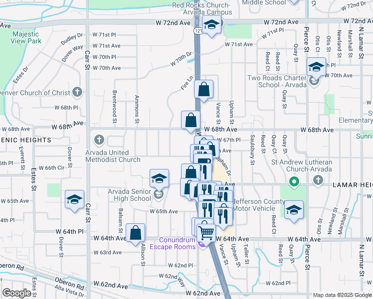 map of restaurants, bars, coffee shops, grocery stores, and more near 7655 West 67th Avenue in Arvada