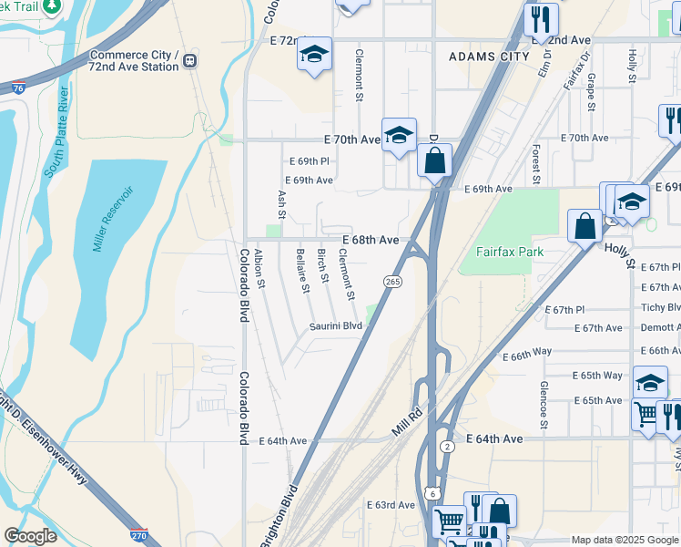 map of restaurants, bars, coffee shops, grocery stores, and more near 6750 Clermont Street in Commerce City