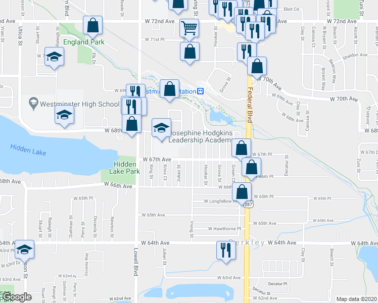 map of restaurants, bars, coffee shops, grocery stores, and more near 6755 Irving Street in Denver