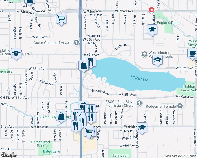 map of restaurants, bars, coffee shops, grocery stores, and more near 6870 Zenobia Circle in Westminster