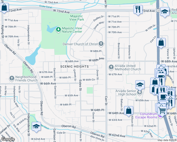 map of restaurants, bars, coffee shops, grocery stores, and more near 8735 West 67th Place in Arvada