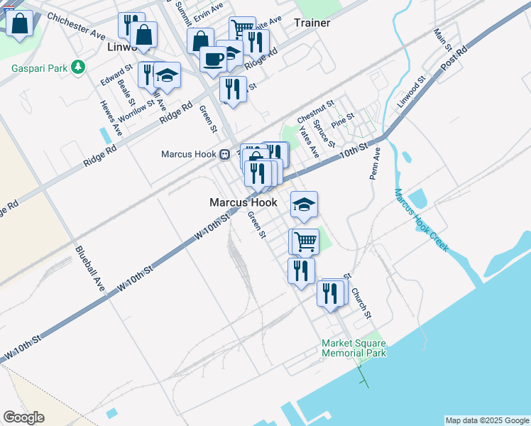 map of restaurants, bars, coffee shops, grocery stores, and more near 9 Marshall Avenue in Marcus Hook