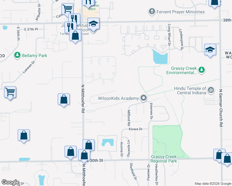 map of restaurants, bars, coffee shops, grocery stores, and more near 10227 Ridgefield Drive in Indianapolis