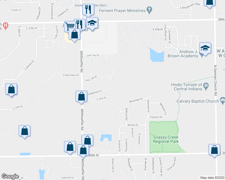 map of restaurants, bars, coffee shops, grocery stores, and more near 10227 Ridgefield Drive in Indianapolis