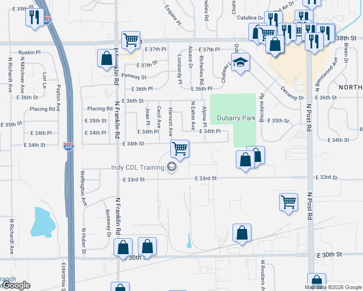 map of restaurants, bars, coffee shops, grocery stores, and more near 8338 East 34th Street in Indianapolis