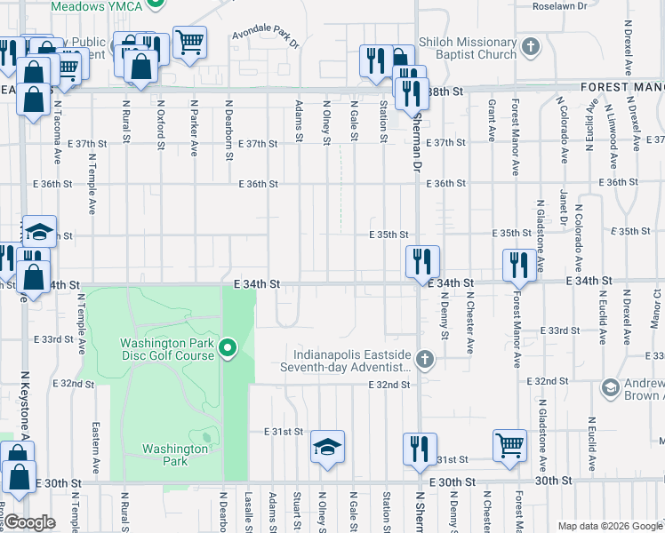 map of restaurants, bars, coffee shops, grocery stores, and more near 3426 North Olney Street in Indianapolis