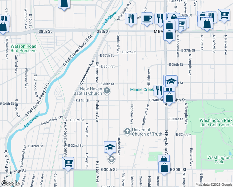 map of restaurants, bars, coffee shops, grocery stores, and more near 3434 Orchard Avenue in Indianapolis