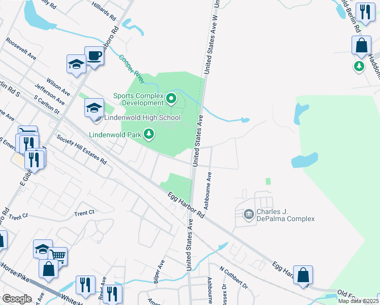 map of restaurants, bars, coffee shops, grocery stores, and more near 918 United States Avenue in Lindenwold