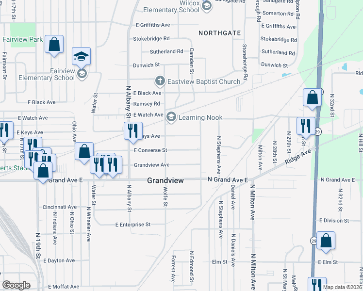 map of restaurants, bars, coffee shops, grocery stores, and more near 2345 East Converse Avenue in Grandview