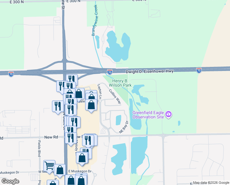 map of restaurants, bars, coffee shops, grocery stores, and more near 2317 Collins Way in Greenfield