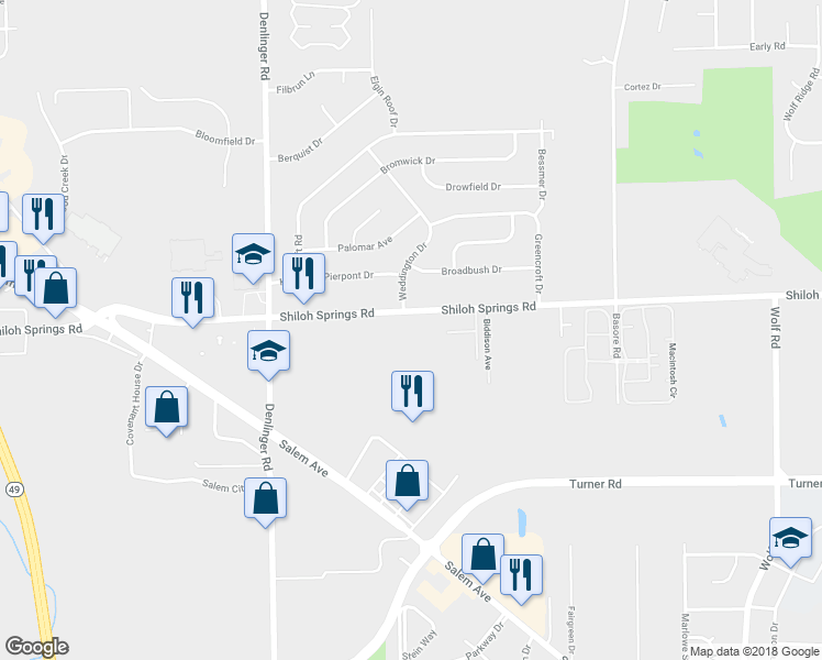 map of restaurants, bars, coffee shops, grocery stores, and more near 1730 Shiloh Springs Road in Dayton
