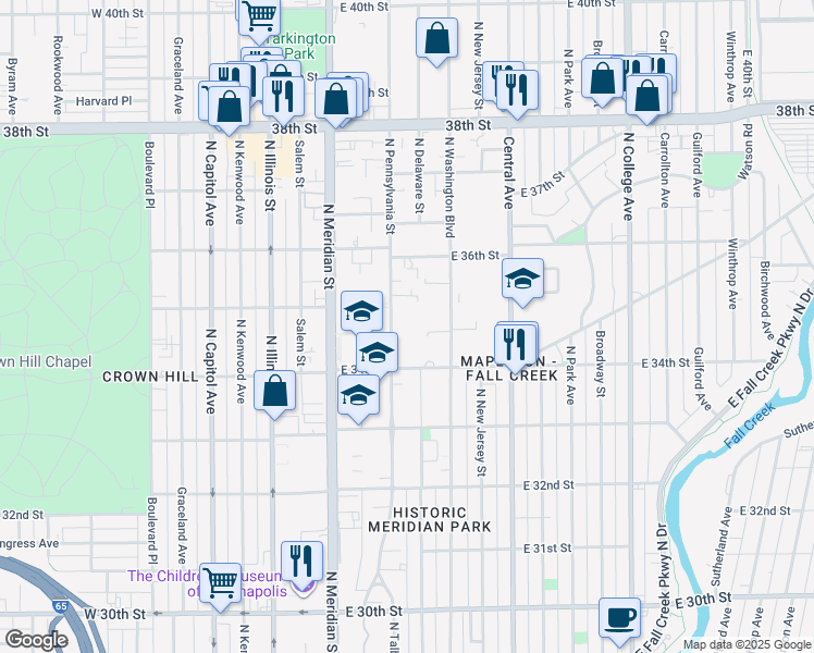 map of restaurants, bars, coffee shops, grocery stores, and more near 3445 North Pennsylvania Street in Indianapolis