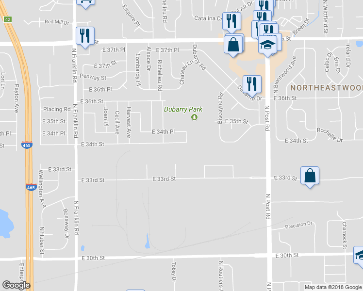 map of restaurants, bars, coffee shops, grocery stores, and more near 8525 East 34th Street in Indianapolis