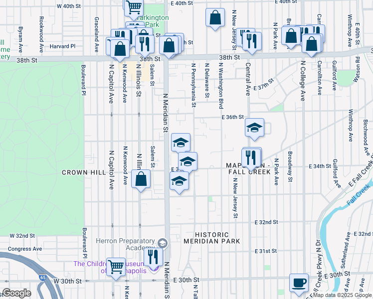 map of restaurants, bars, coffee shops, grocery stores, and more near 3444 North Pennsylvania Street in Indianapolis