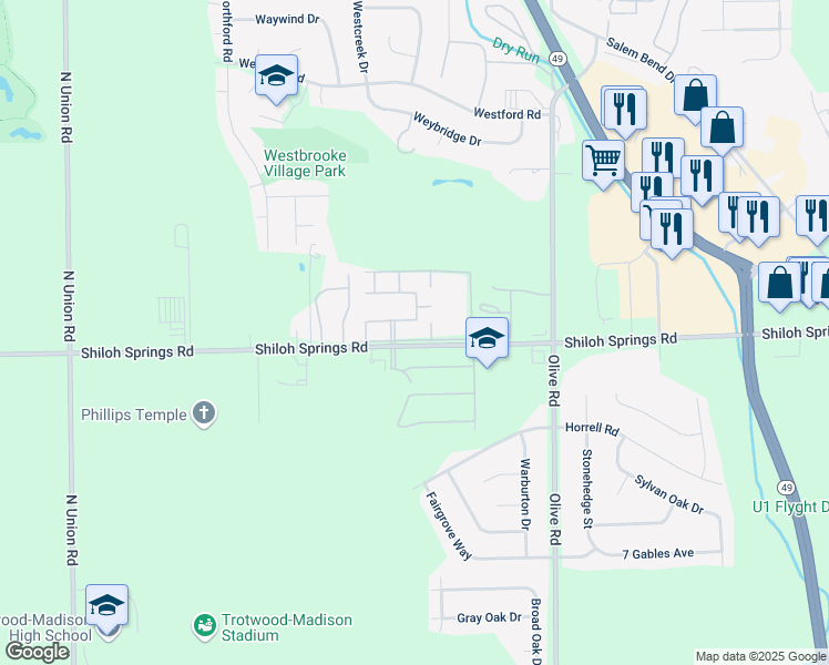 map of restaurants, bars, coffee shops, grocery stores, and more near 103 Bellcreek Lane in Trotwood