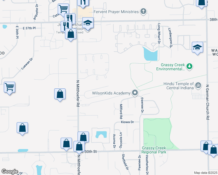map of restaurants, bars, coffee shops, grocery stores, and more near 10227 Ridgefield Drive in Indianapolis