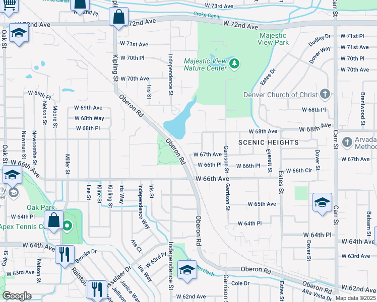 map of restaurants, bars, coffee shops, grocery stores, and more near 9399 West 67th Avenue in Arvada