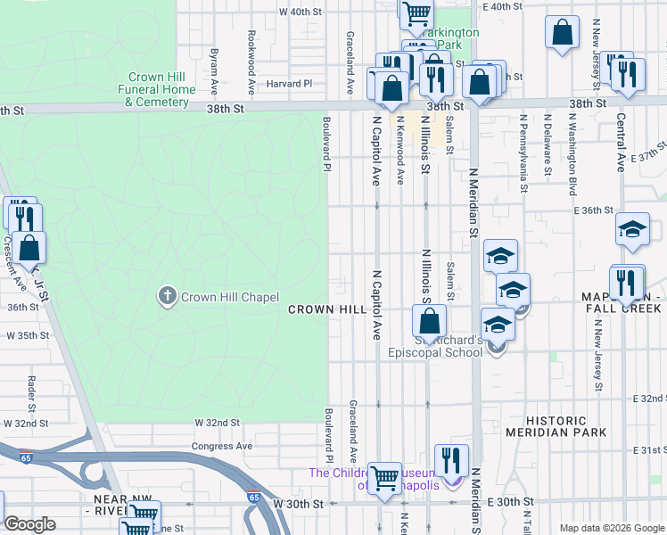 map of restaurants, bars, coffee shops, grocery stores, and more near 3458 Graceland Avenue in Indianapolis