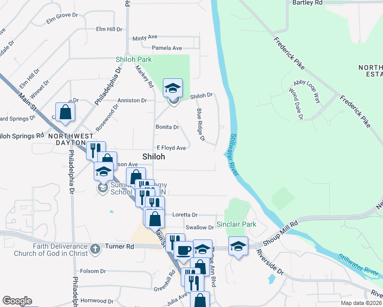 map of restaurants, bars, coffee shops, grocery stores, and more near 266 East Floyd Avenue in Dayton