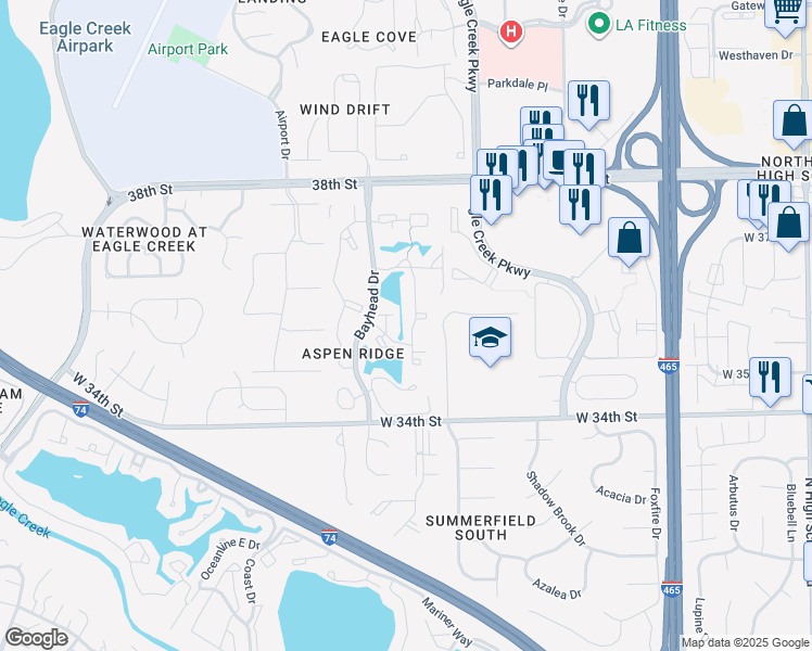 map of restaurants, bars, coffee shops, grocery stores, and more near 3540 Beluga Lane in Indianapolis