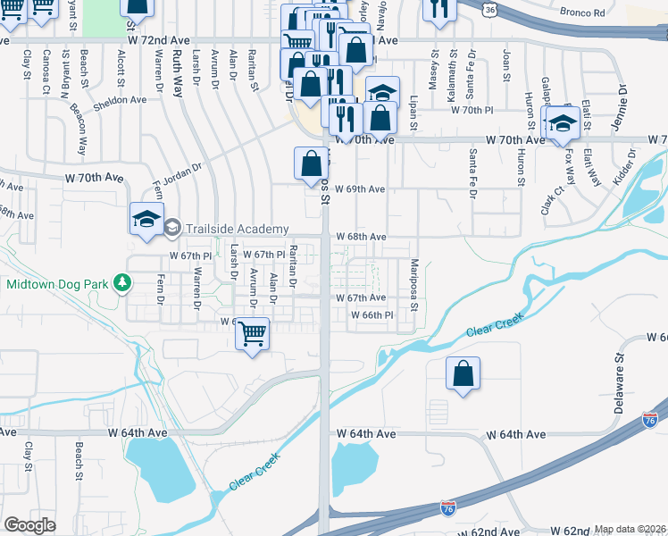 map of restaurants, bars, coffee shops, grocery stores, and more near 1578 West 67th Place in Denver