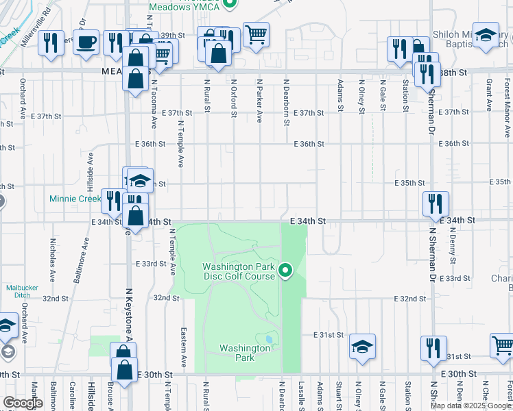 map of restaurants, bars, coffee shops, grocery stores, and more near 3414 North Parker Avenue in Indianapolis