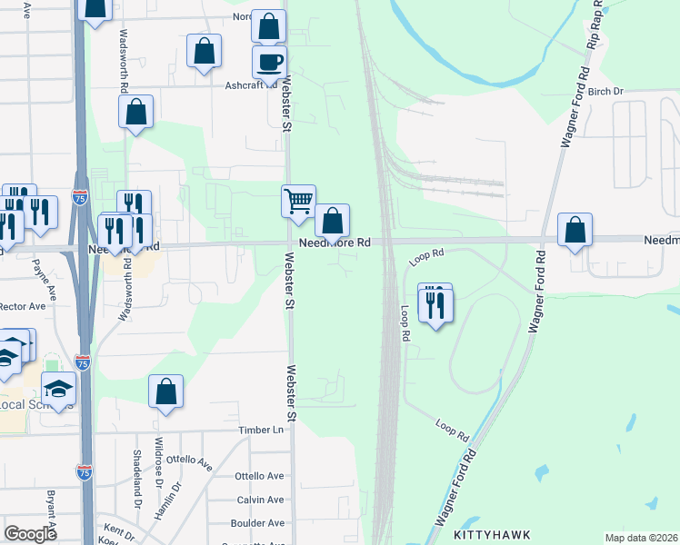 map of restaurants, bars, coffee shops, grocery stores, and more near 2910 Needmore Road in Dayton