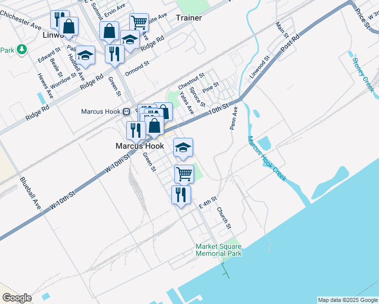 map of restaurants, bars, coffee shops, grocery stores, and more near 819 Church Street in Marcus Hook