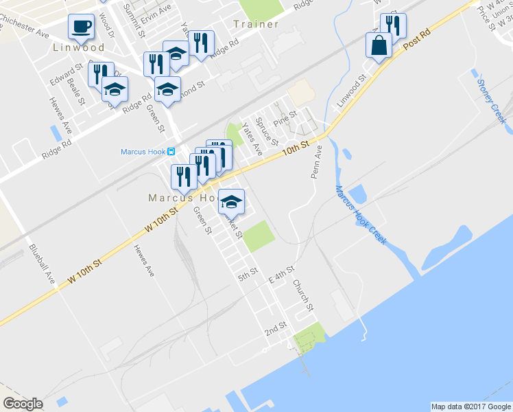map of restaurants, bars, coffee shops, grocery stores, and more near 819 Church Street in Marcus Hook